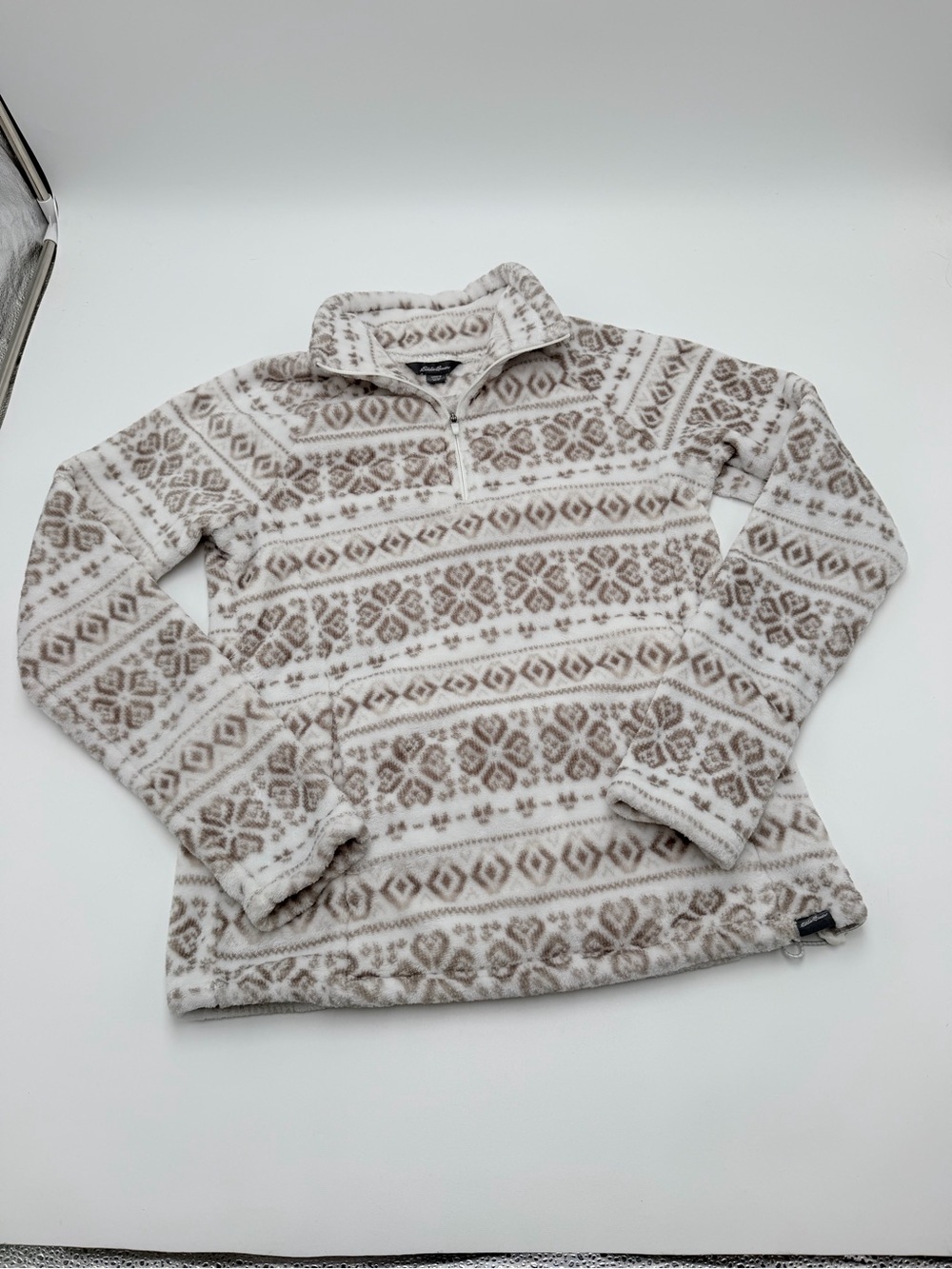 Eddie Bauer ¼ Zip Fleece Pullover Cream with Nordic Tan Pattern Women’s Medium